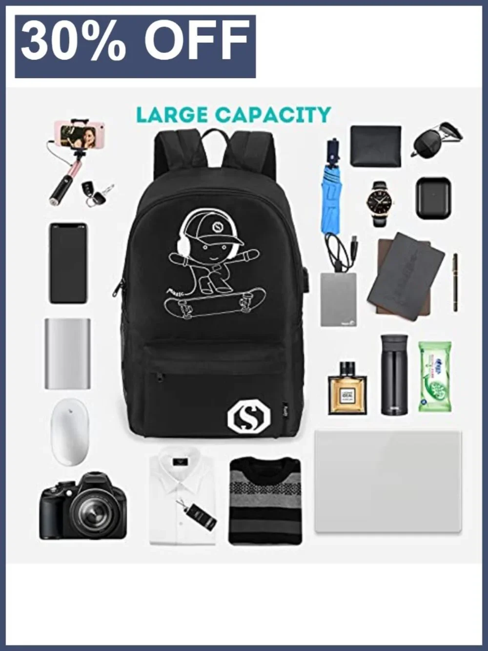 Skateboard Anime Luminous School Backpack with USB Port, Anti-Theft Lock, Sling
